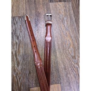 Greg Norman Mens Size 34 Brown Ribbed Leather Belt Silver Buckle Metal Tip